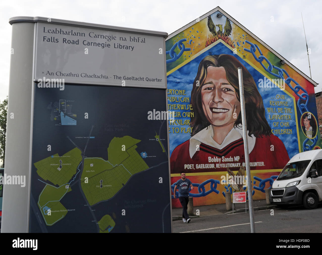 Belfast Falls Rd Rebublican Bobby Sands Mural and Carnegie Library Stock Photo