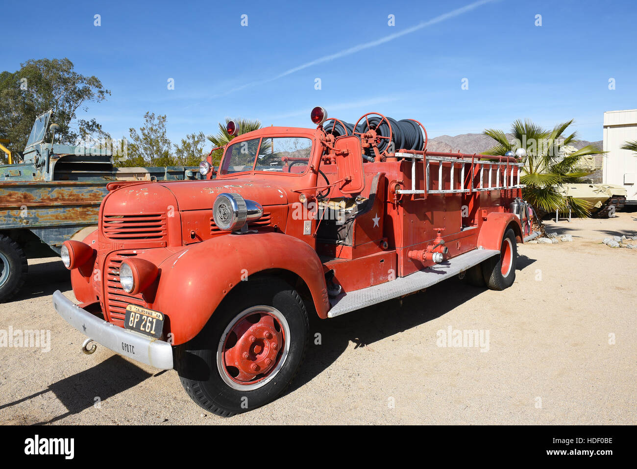 CHIRIACO SUMMIT, CA - DECEMBER 10, 2016: 1950 Dodge Fire Truck at the General Patton Memorial Museum. The vehicles were used by the US Army. Stock Photo