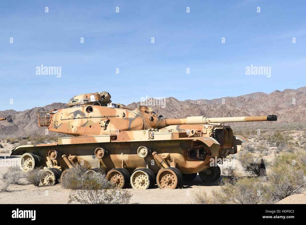 CHIRIACO SUMMIT, CA - DECEMBER 10, 2016: An M60 Tank. The derelict vehicle is on display at the General Patton Memorial Museum in  California Stock Photo