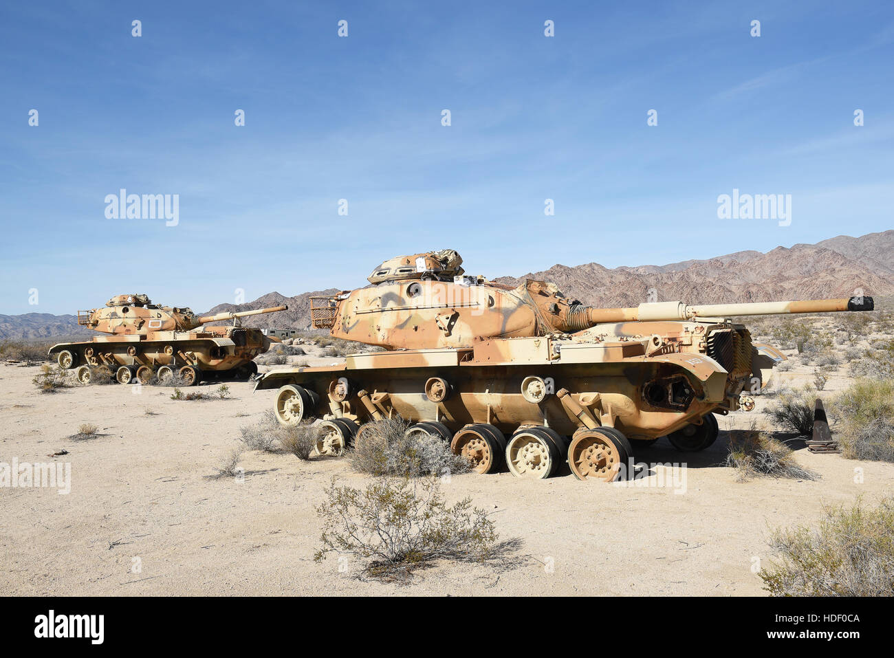 CHIRIACO SUMMIT, CA - DECEMBER 10, 2016: Two M60 Tanks. The derelict vehicles are at the General Patton Memorial Museum in the California desert. Stock Photo