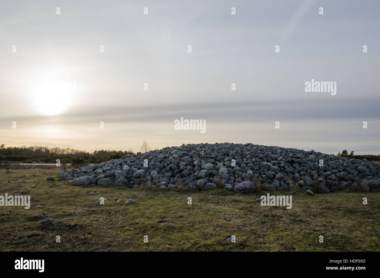 Stones in a heap -Ancient burial place from the bronze age at the swedish island Oland Stock Photo