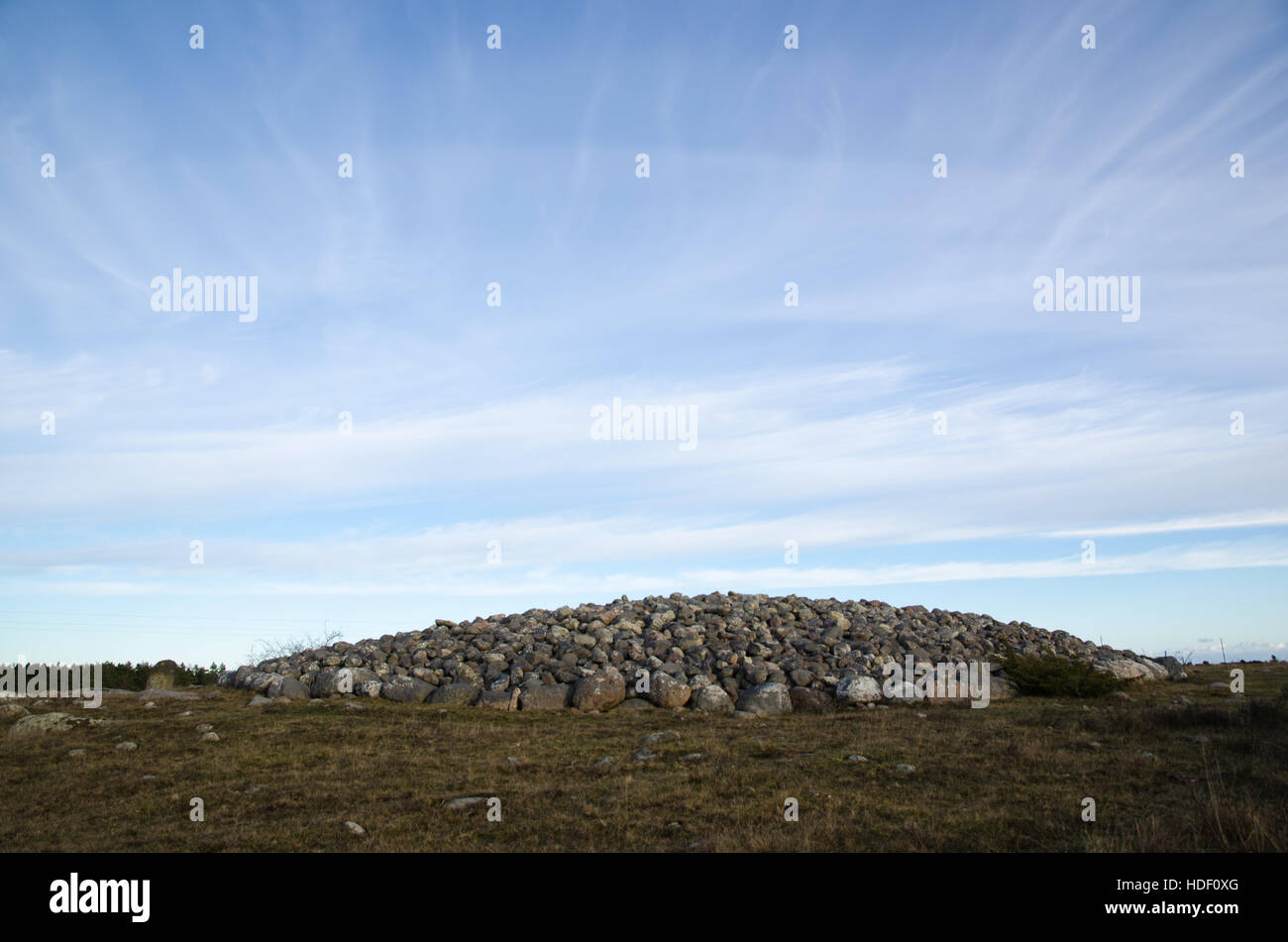 Cobble stones in a heap -Ancient burial place from the bronze age at the swedish island Oland Stock Photo