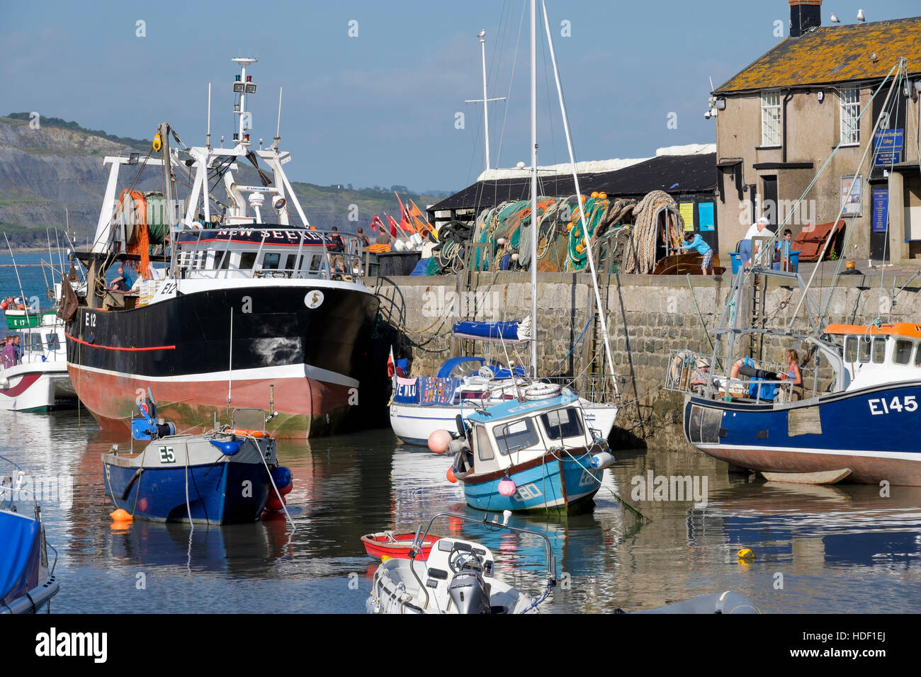 Fishing boats moored in Lyme Regis harbour, Dorset, England, UK Stock Photo