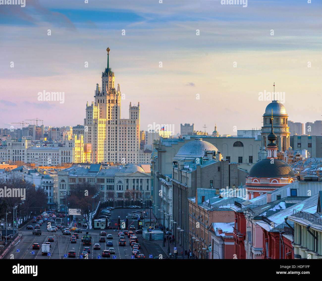 Moscow, view of the skyscraper on Kotelnicheskaya embankment and in the area of Ilyinsky gate. Stock Photo