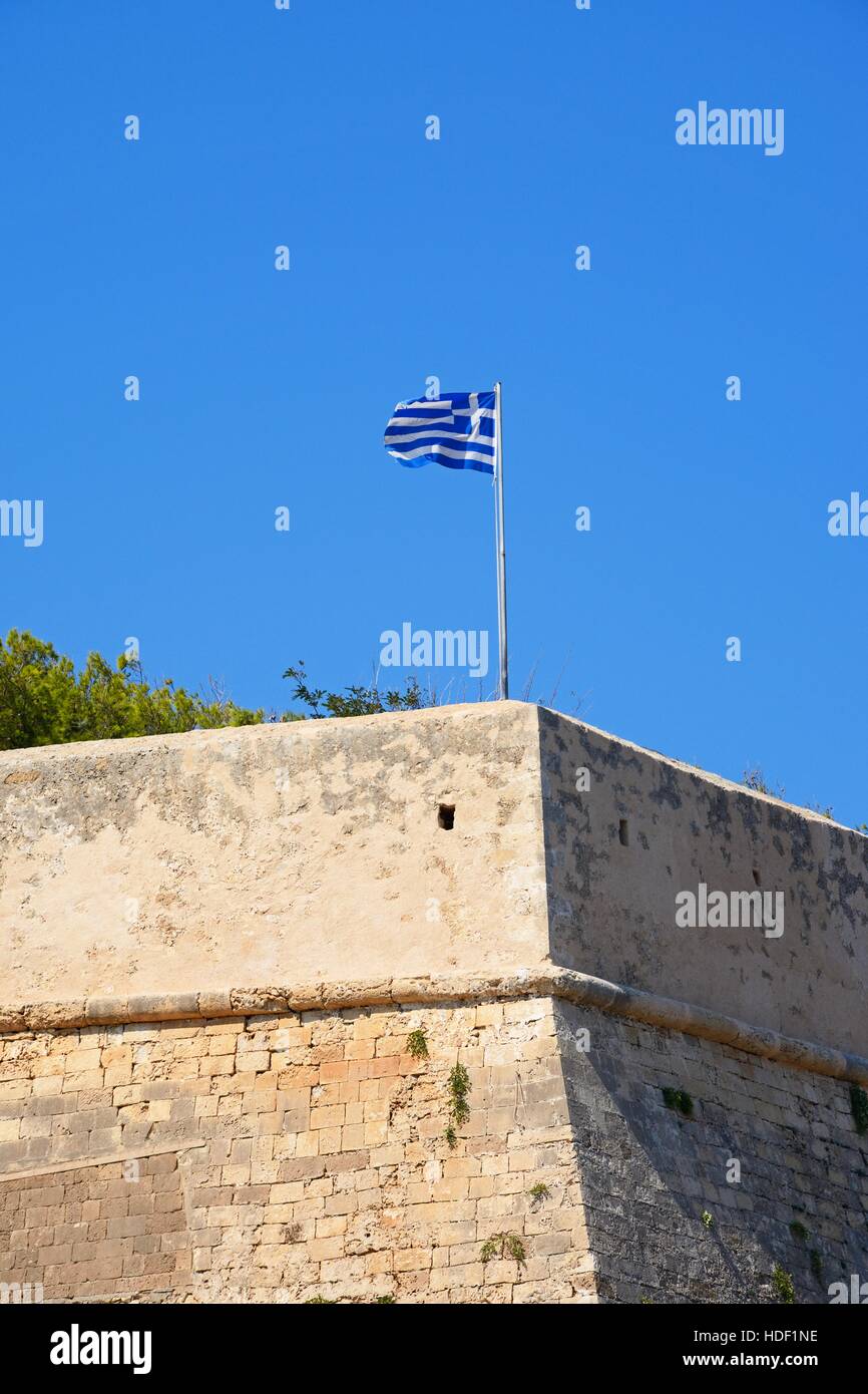 Greek flag on the corner of the Venetian castle, Rethymno, Crete, Greece, Europe. Stock Photo