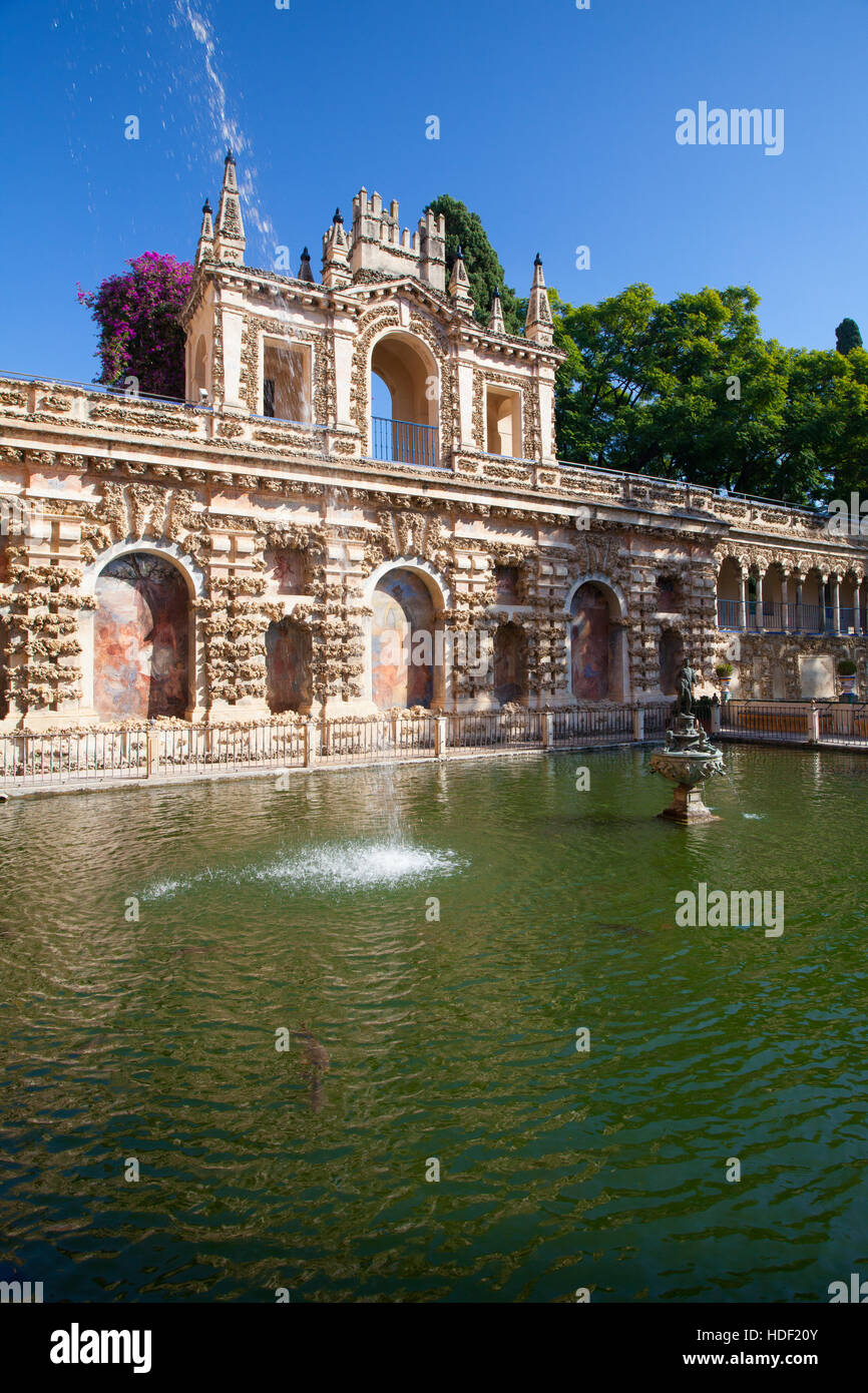Seville, Spain - November 18,2016: Real Alcazar Gardens in Seville.The Alcazar of Seville is a royal palace in Seville, Spain, originally developed by Stock Photo