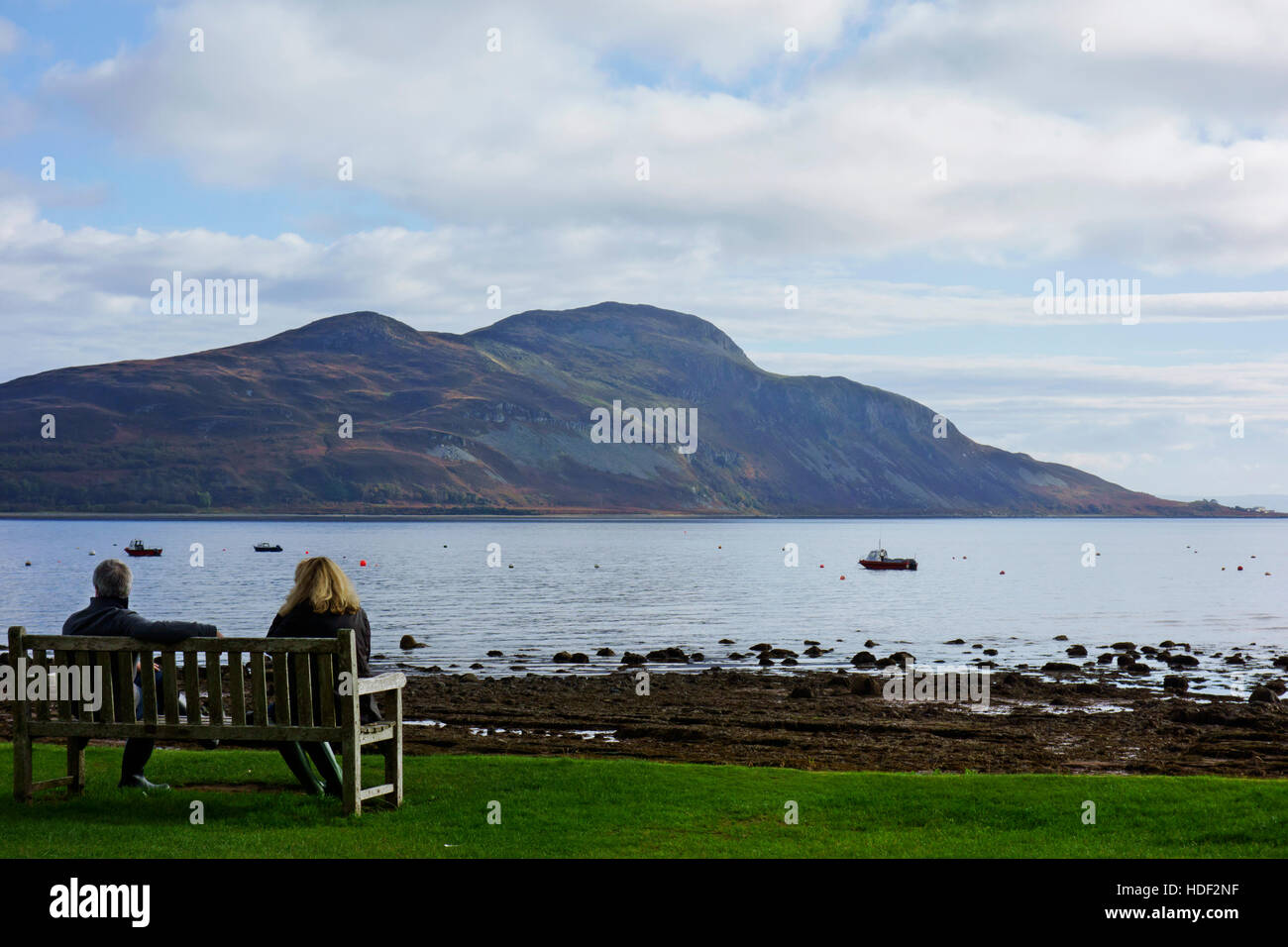 View of Holy Isle from Lamlash, Isle of Arran, in the Firth of Clyde, Scotland. Stock Photo