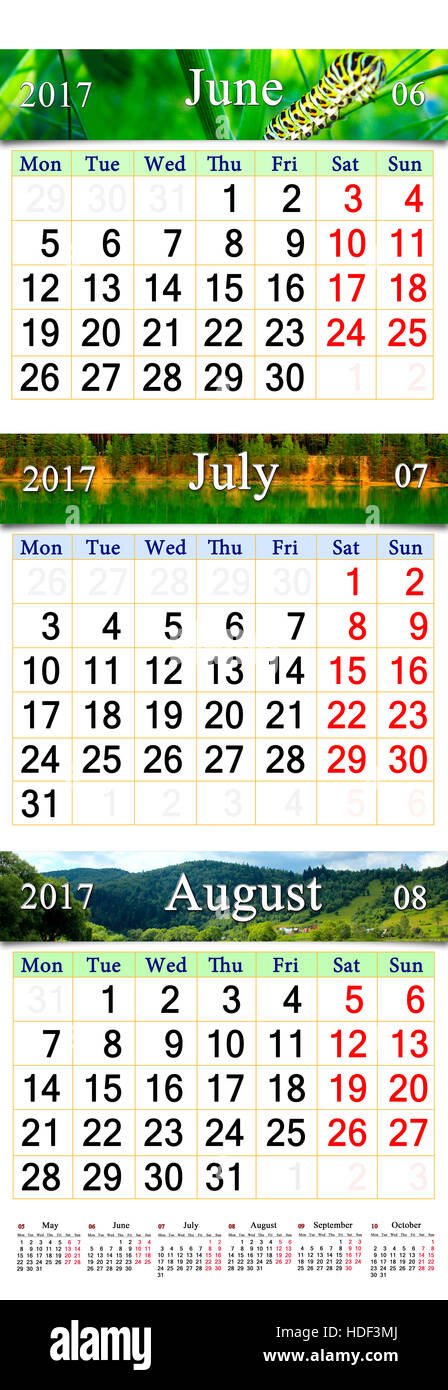 calendar for three summer month June July and August 2017 with pictures of sunflower lilies and landscape Stock Photo