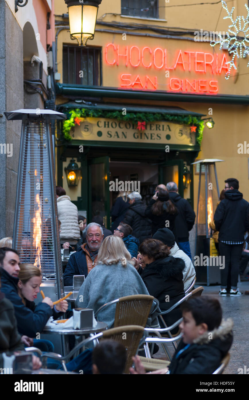 Chocolateria San Gines restaurant famous for Churros with chocolate, in Madrid city centre. Spain. Stock Photo
