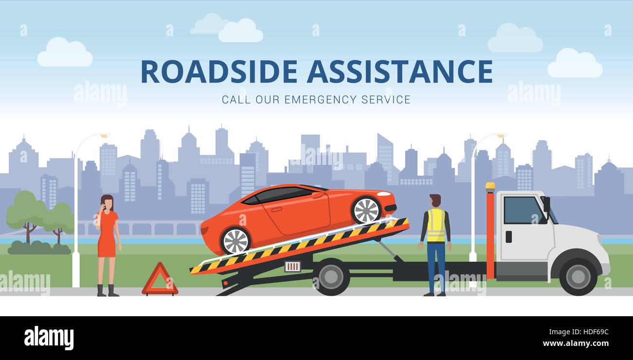 Roadside assistance and car insurance concept: broken car on a tow truck and woman calling emergency services Stock Vector