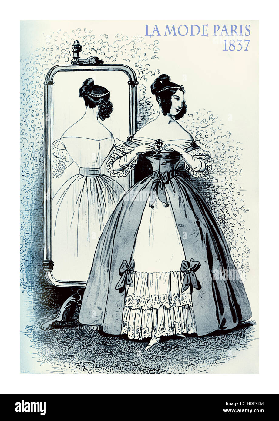 French 1837 fashion, young lady elegant dressed for an evening and mirror  reflecting the fancy dress Stock Photo - Alamy