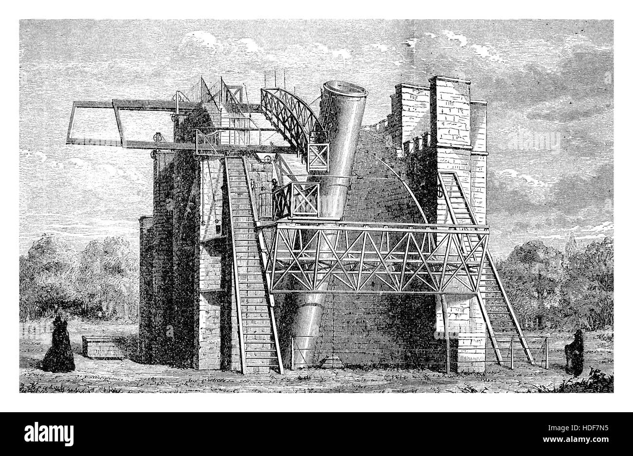 Monster telescope called the Leviathan of Parsonstown built in 1845 by Irish William Parsons, earl of Rosse, the world largest telescope of that time weighting 4 tons. Stock Photo