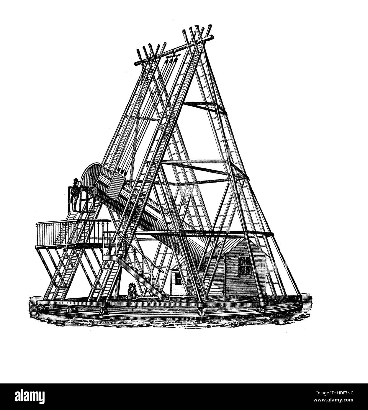 Large telescope built  in 1774 by Frederick William Herschel German Astronomer,  from his observation he discovered Uranus planet, the first planet to be discovered since antiquity Stock Photo