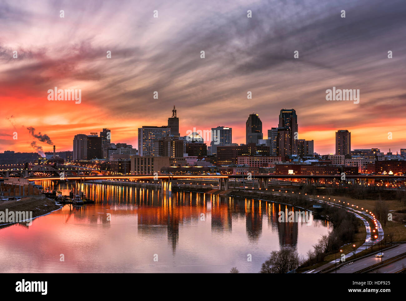 Saint Paul Minnesota skyline from Dayton's Bluff with skyline reflection in the Mississippi River.. Stock Photo