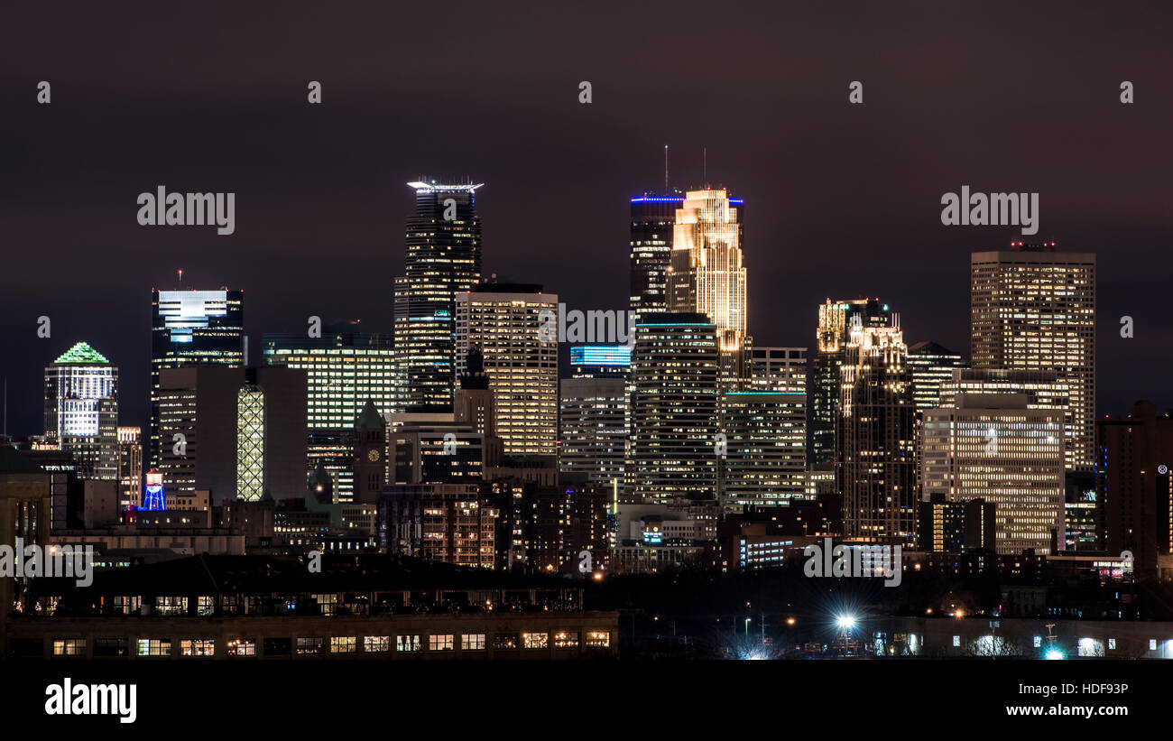Downtown Minneapolis, Minnesota skyline at night. View from north side of town. Stock Photo