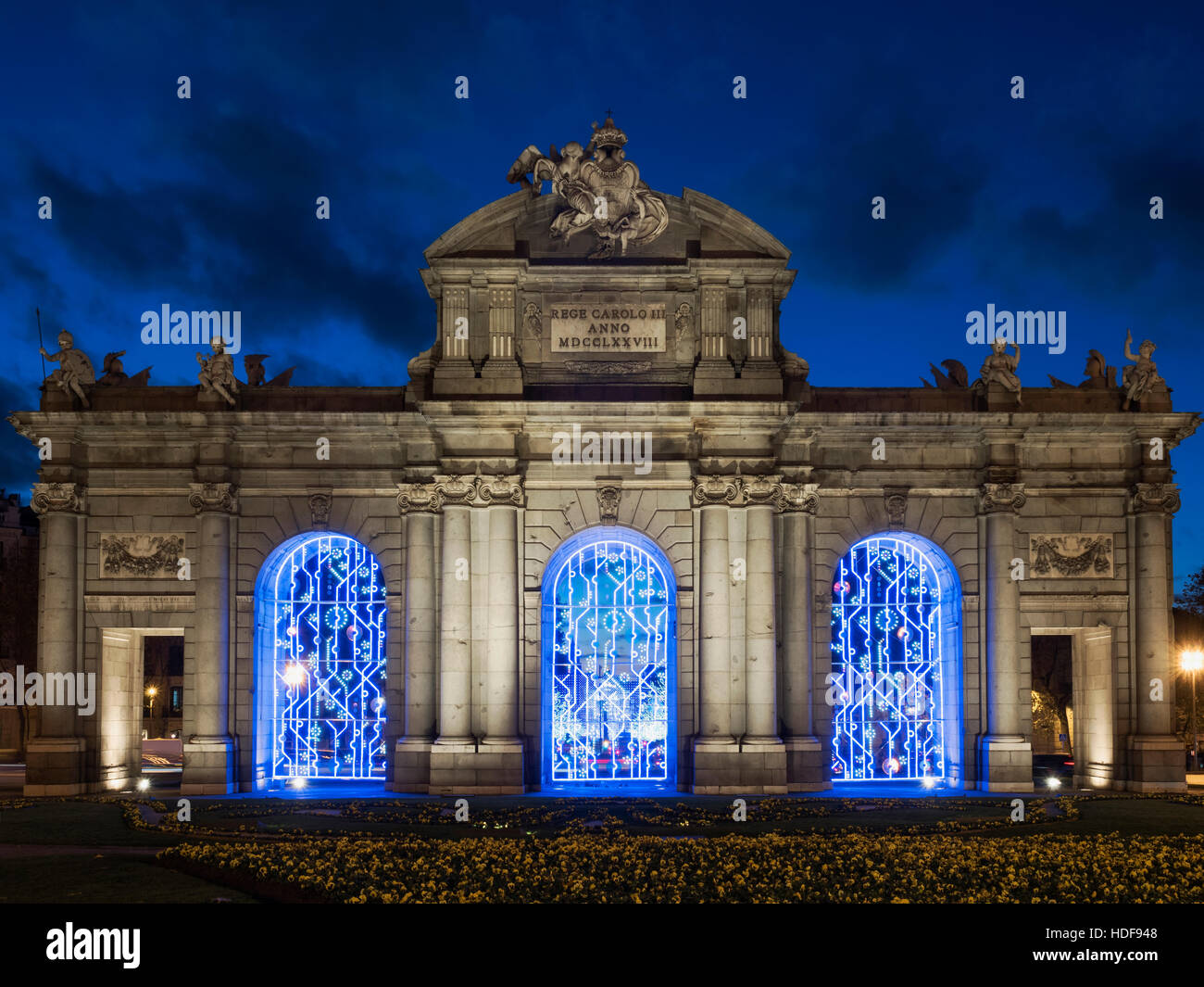 Alcalá door decorated monument illuminated at Christmas, Madrid, Spain Stock Photo