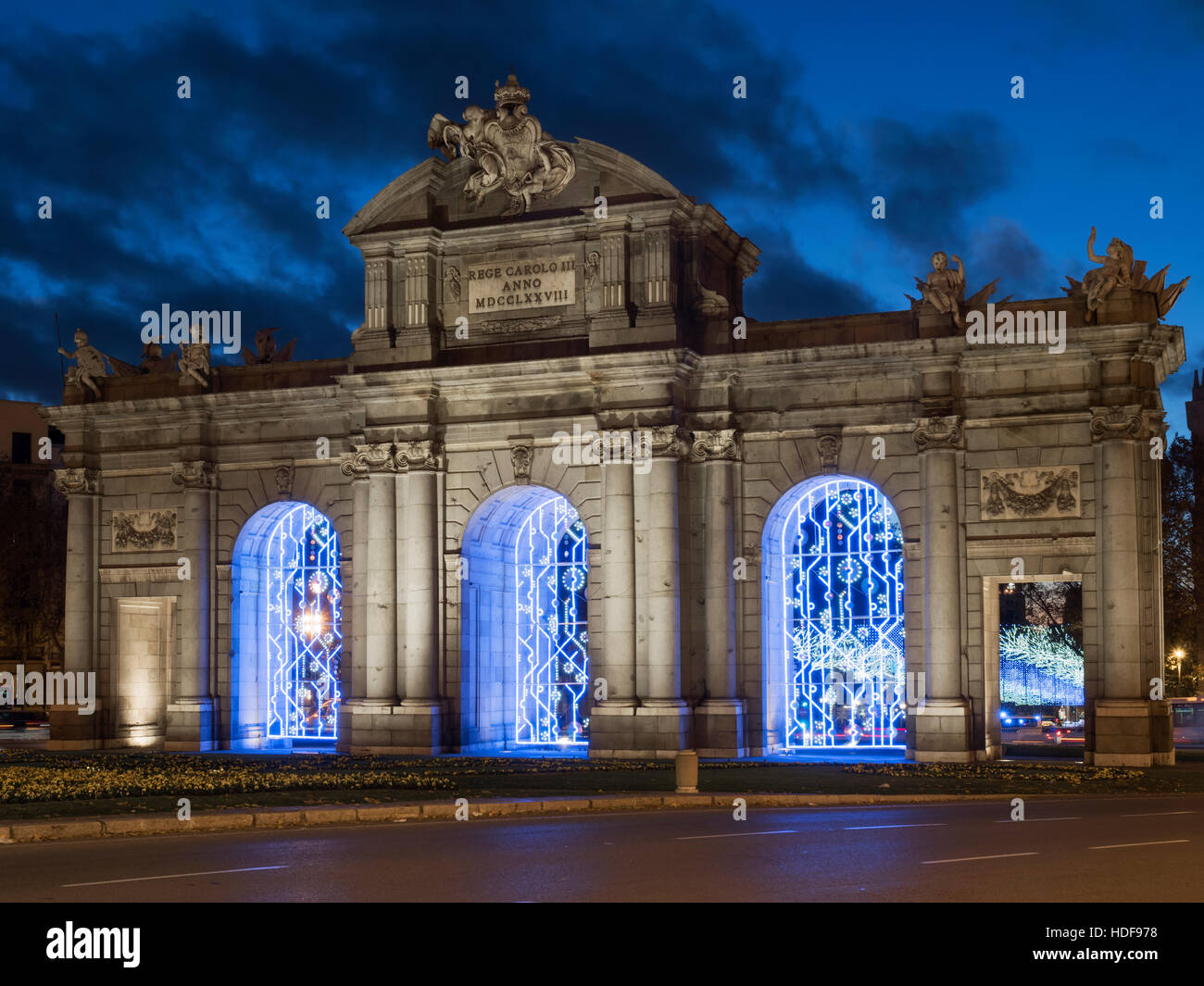 Alcalá door decorated monument illuminated at Christmas, Madrid, Spain Stock Photo