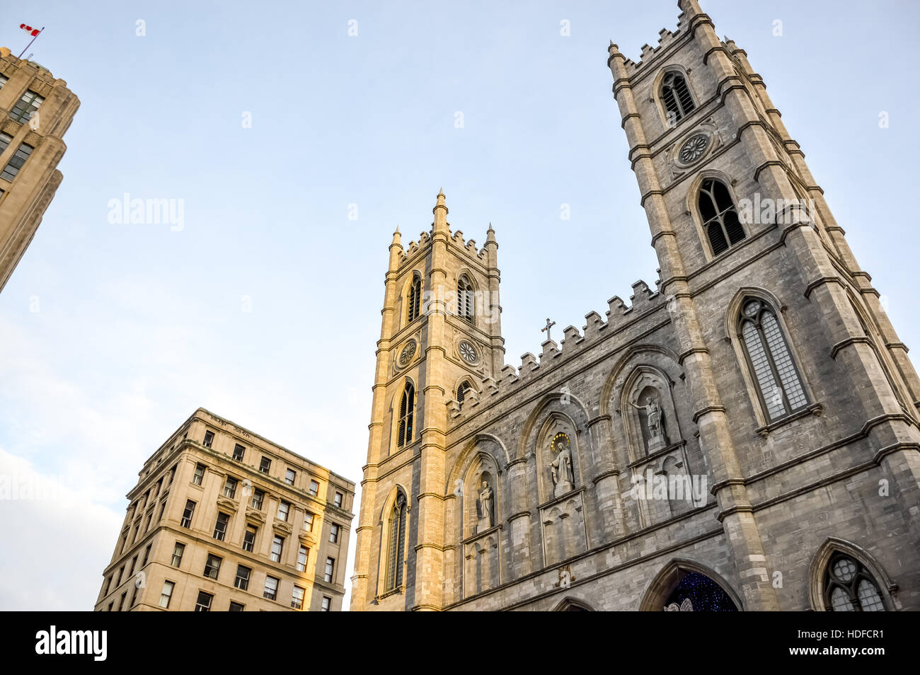 Basilica Notre Dame with three angels in winter  in Montreal, Canada. Stock Photo