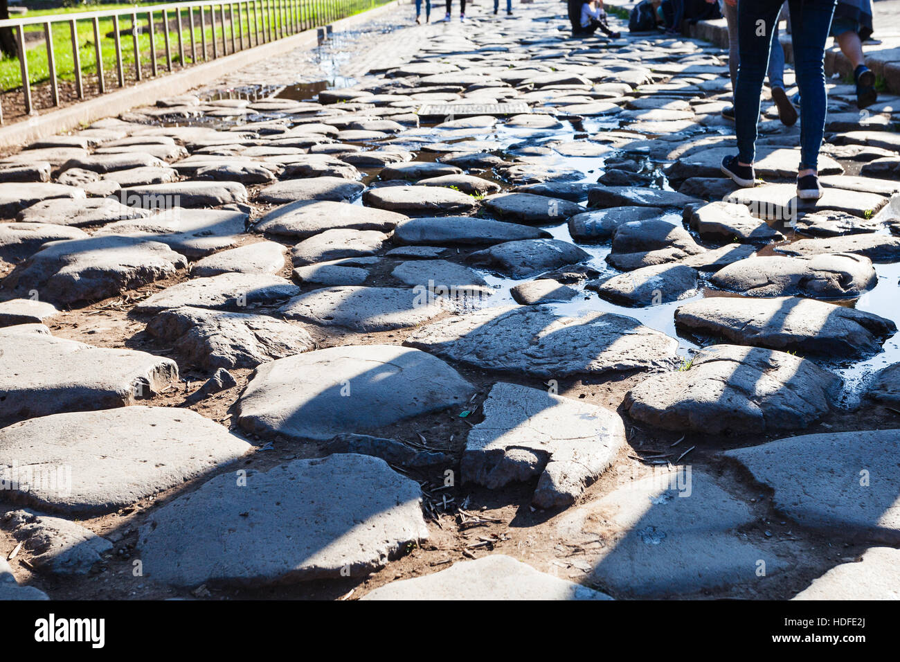travel to Italy - cobble stone in the end of ancient Appian Way (via Appia) on Roman forum in Rome city Stock Photo