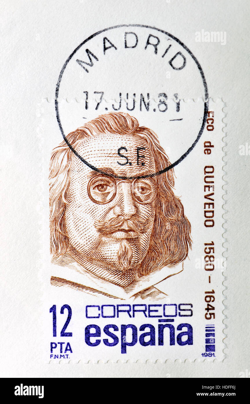 Spanish postage stamp (1981) : Francisco Gómez de Quevedo y Santibáñez Villegas (1580 – 1645) Spanish nobleman, politician and writer of the Baroque e Stock Photo