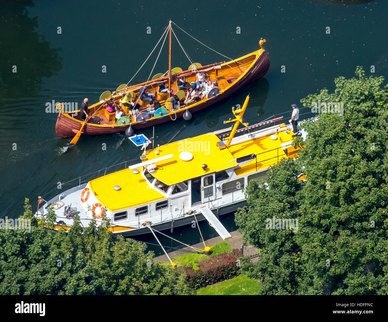 Aerial photograph, pier, viking ship and water conservation ship, Ruhr district, Mülheim an der Ruhr, Ruhr district Stock Photo