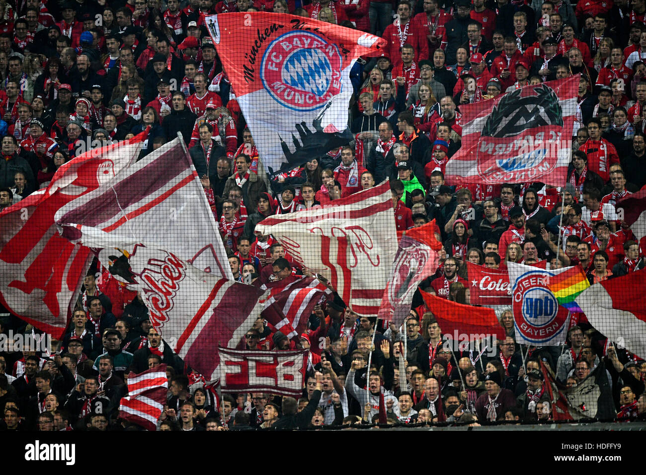Fans with flags, Bayern, Allianz Arena, Munich, Bavaria, Germany Stock