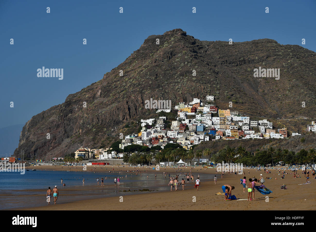 Tourists on the beach, Playa de las Teresitas, El Roque, San Andres, Tenerife, Canary Islands, Spain Stock Photo