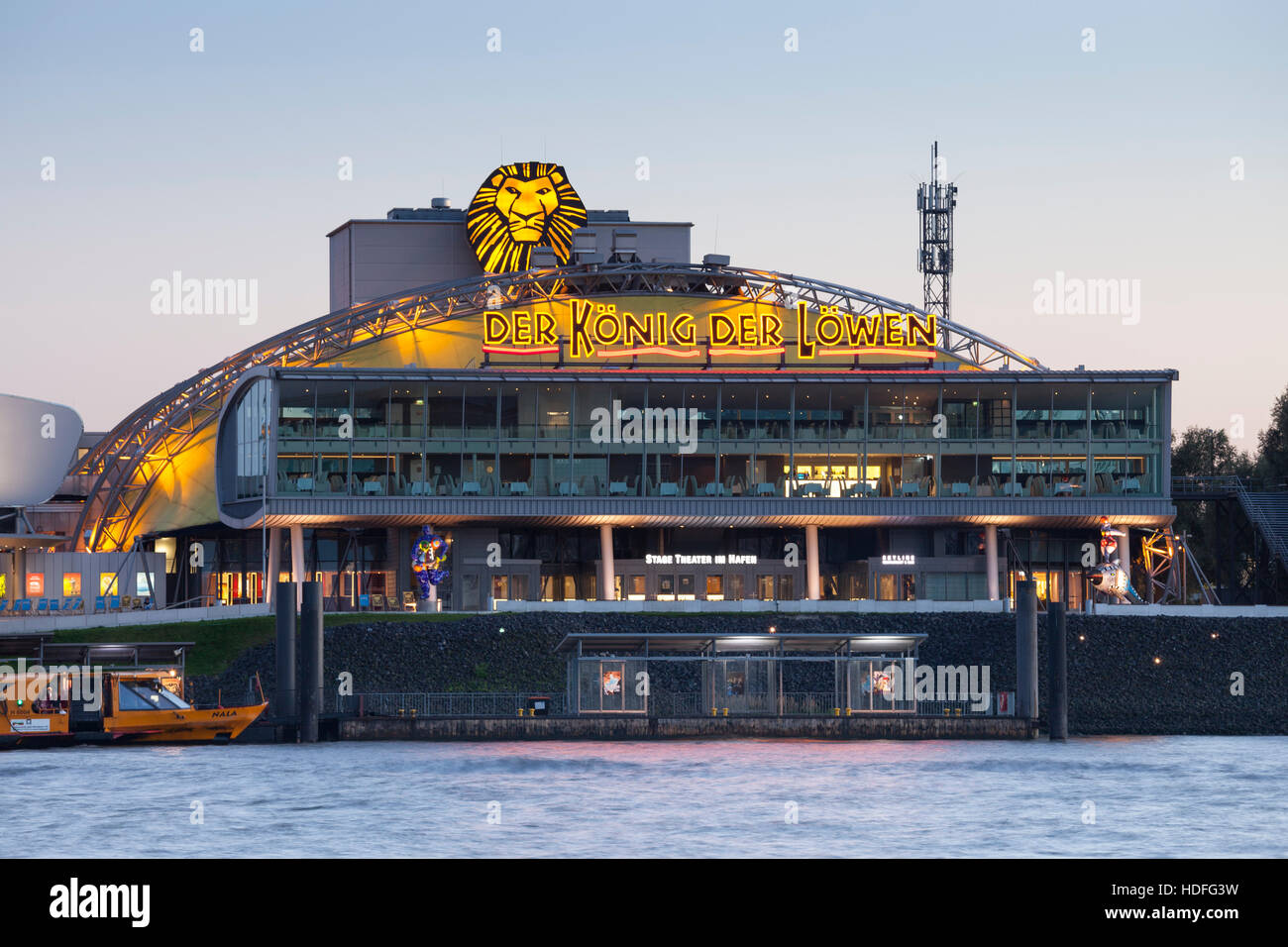 Stage Theater by River Elbe, musical theater, The Lion King performance, harbour, Hamburg, Germany Stock Photo