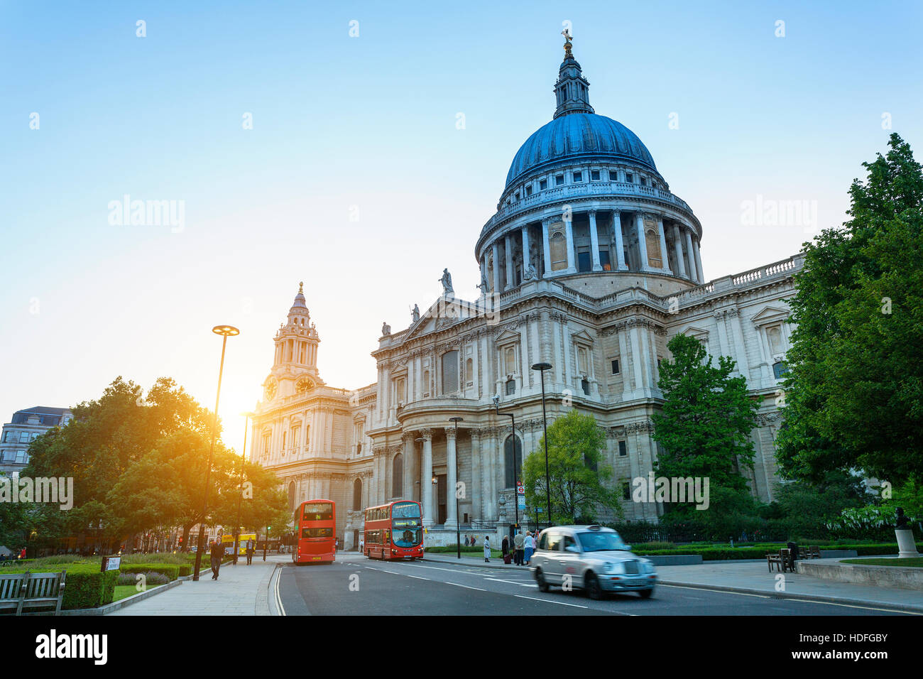 LONDON, ENGLAND - St. Paul Cathedral and red buses in London, Great Britain Stock Photo