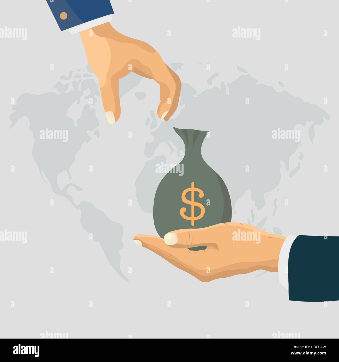 Human hand gives money bag to another person Stock Vector