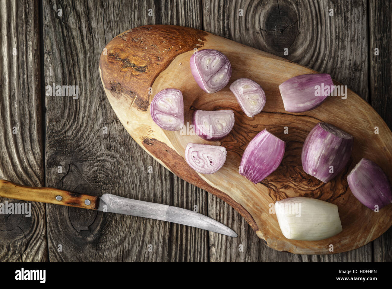 Sliced shallot on the wooden board  top view Stock Photo