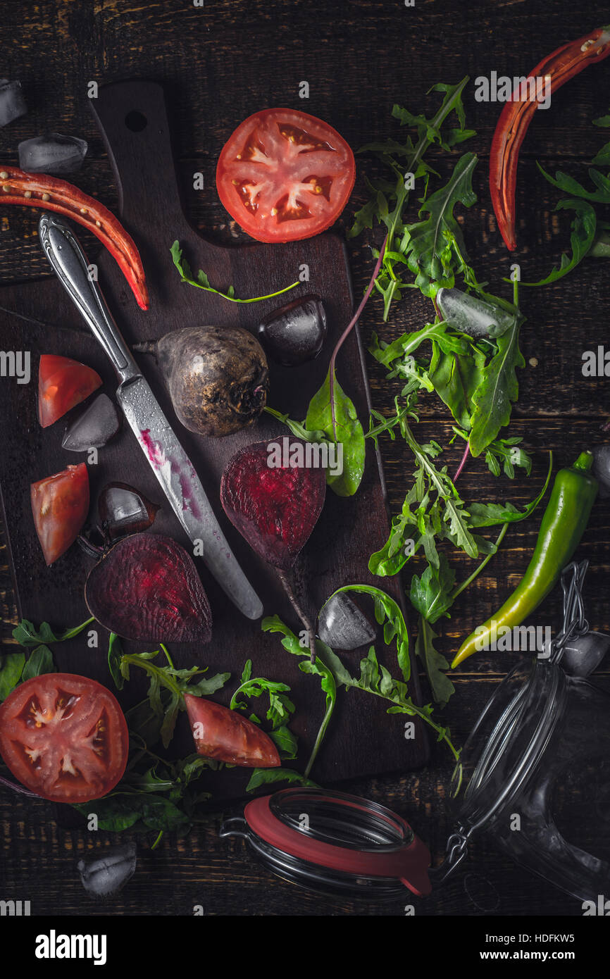 Ingredients for vegetable smoothie on the old wooden table top view vertical Stock Photo