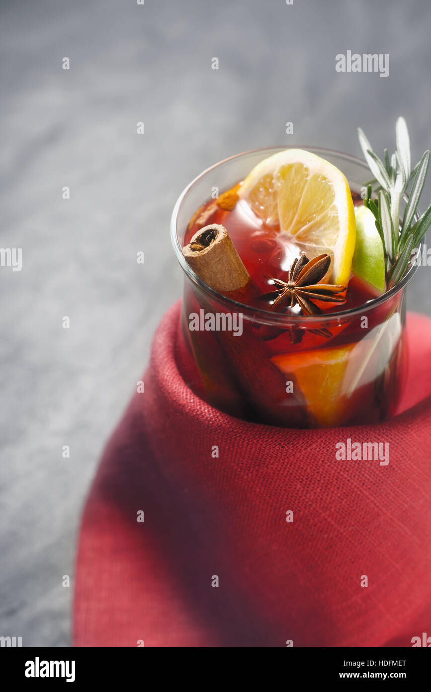 Mulled wine with different spices in the red cloth Stock Photo