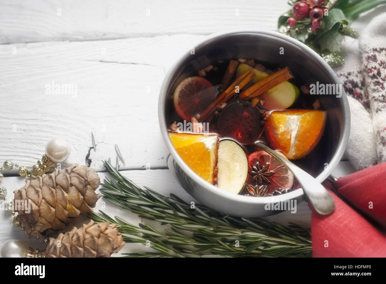 Mulled wine with different spices  and fruits in the pot horizontal Stock Photo
