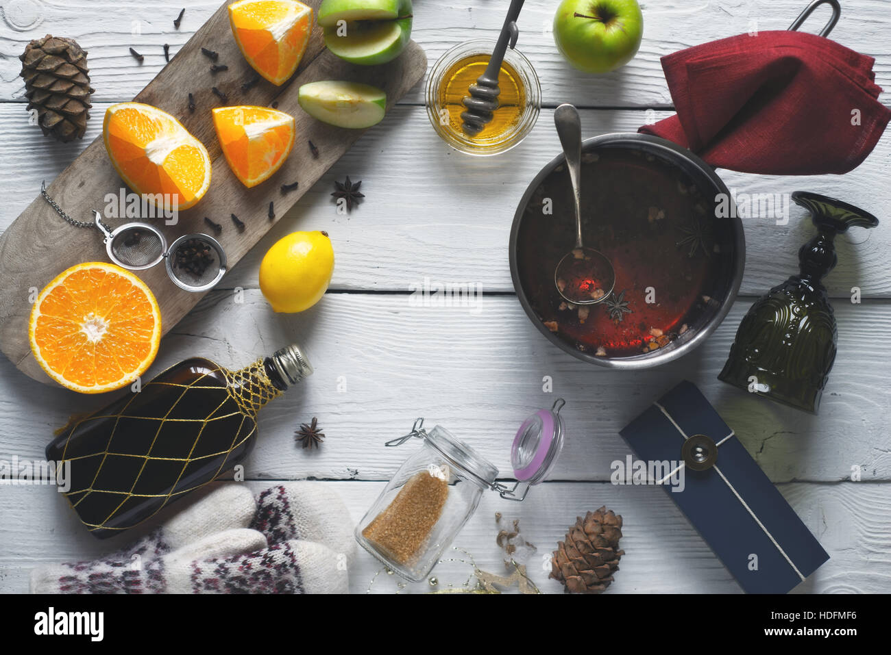 Ingredients for mulled wine on the white wooden table top view Stock