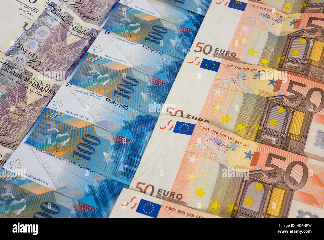 GBP EURO and CHF banknotes laying in a rows Stock Photo - Alamy