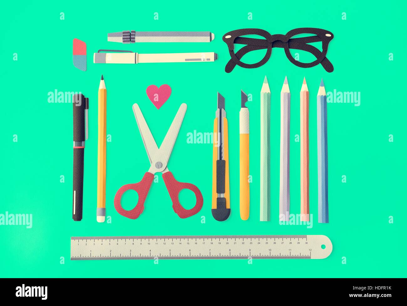 Pen Color Pencil Scissor Eraser Ruler Eyeglasses Concept Stock Photo ...