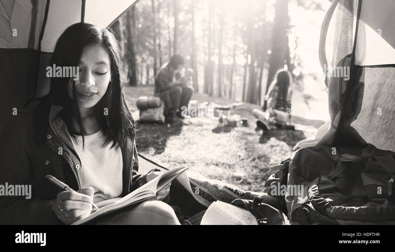 Perfect Reading Destination Woman Reading Traveling Destination Camping Concept Stock Photo - Alamy