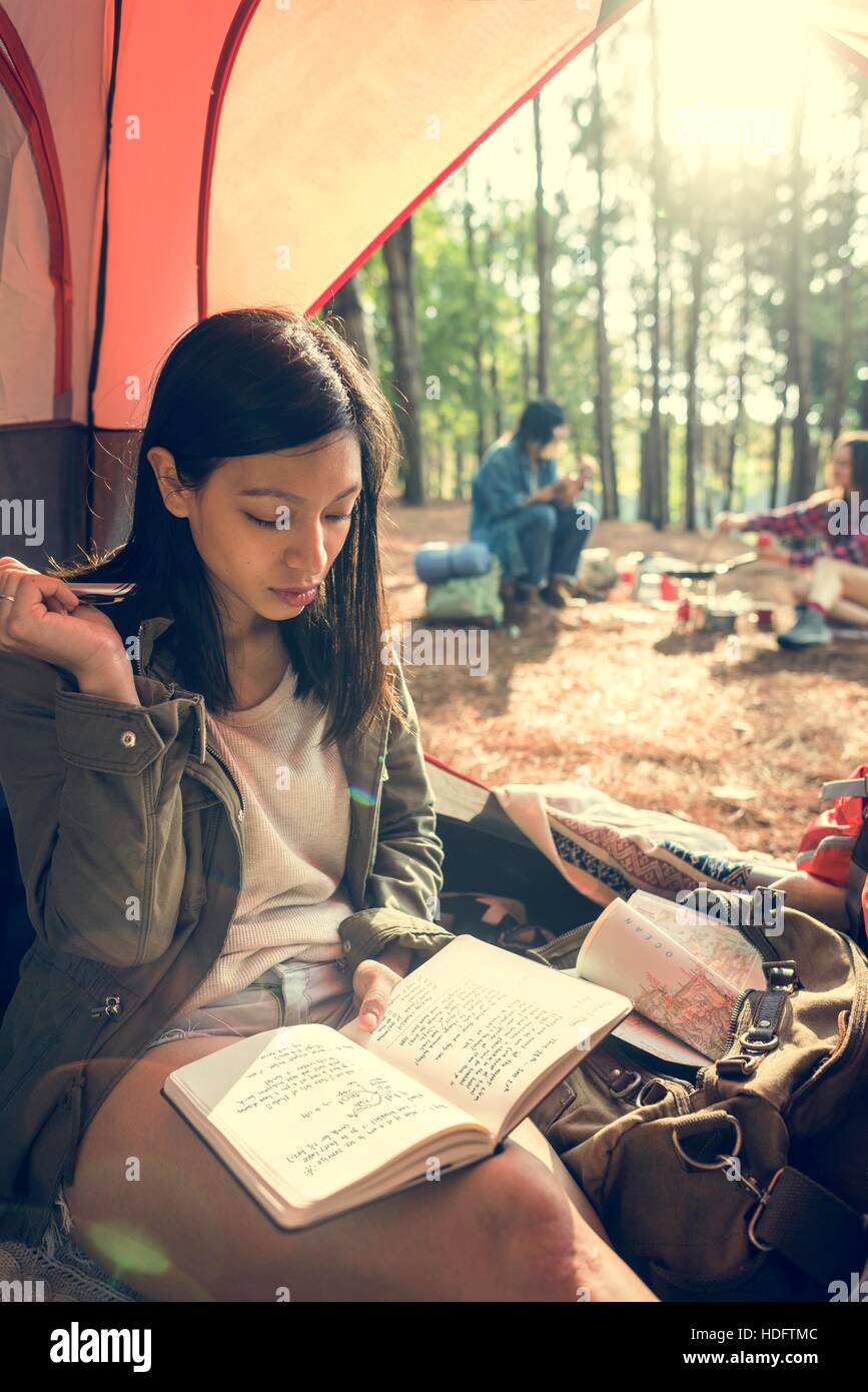 Perfect Reading Destination Woman Reading Traveling Destination Camping Concept Stock Photo - Alamy