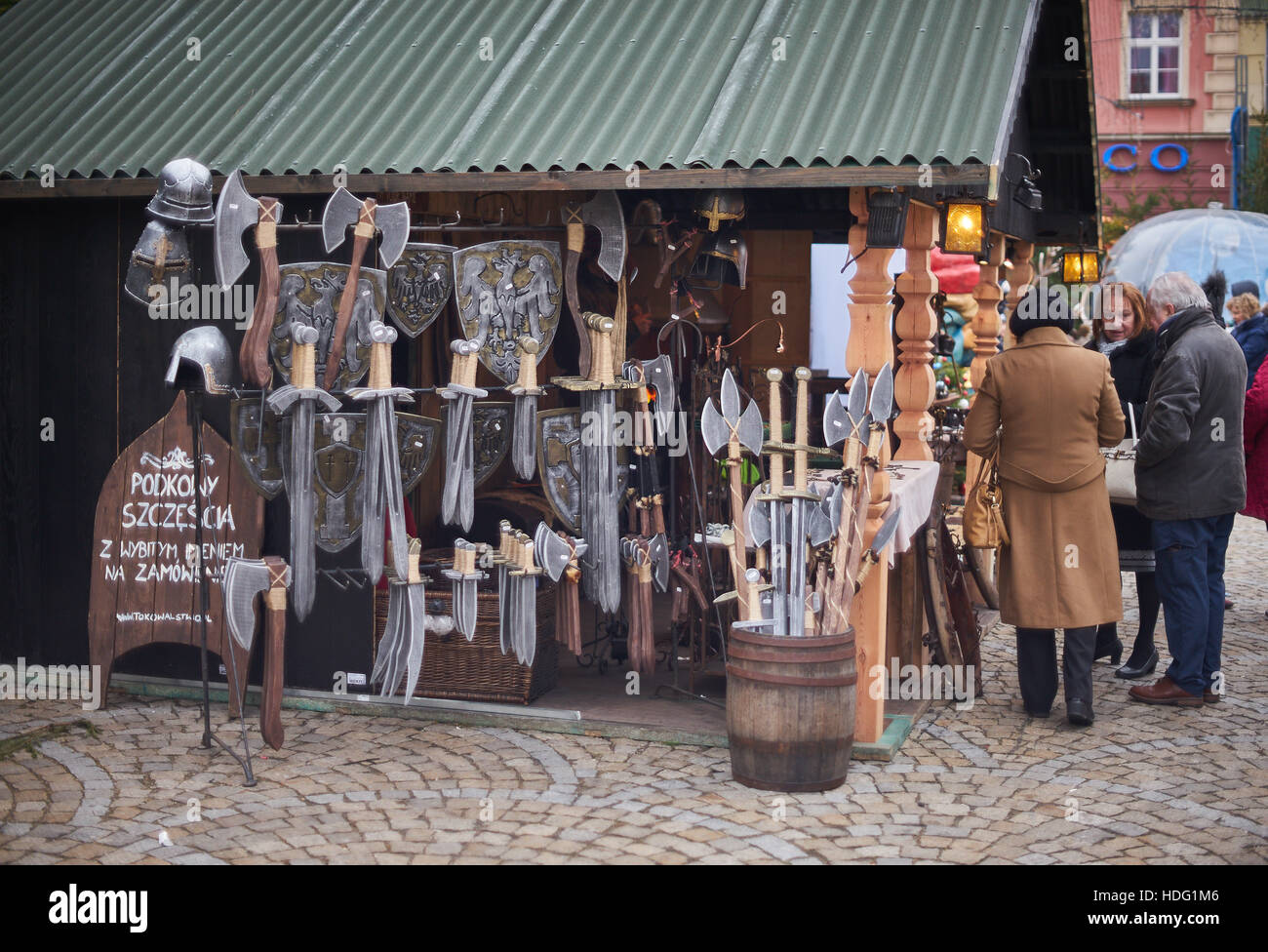 Stall with replicas of medieval weaponry Wrocław Christmas Fair 2016 Stock Photo