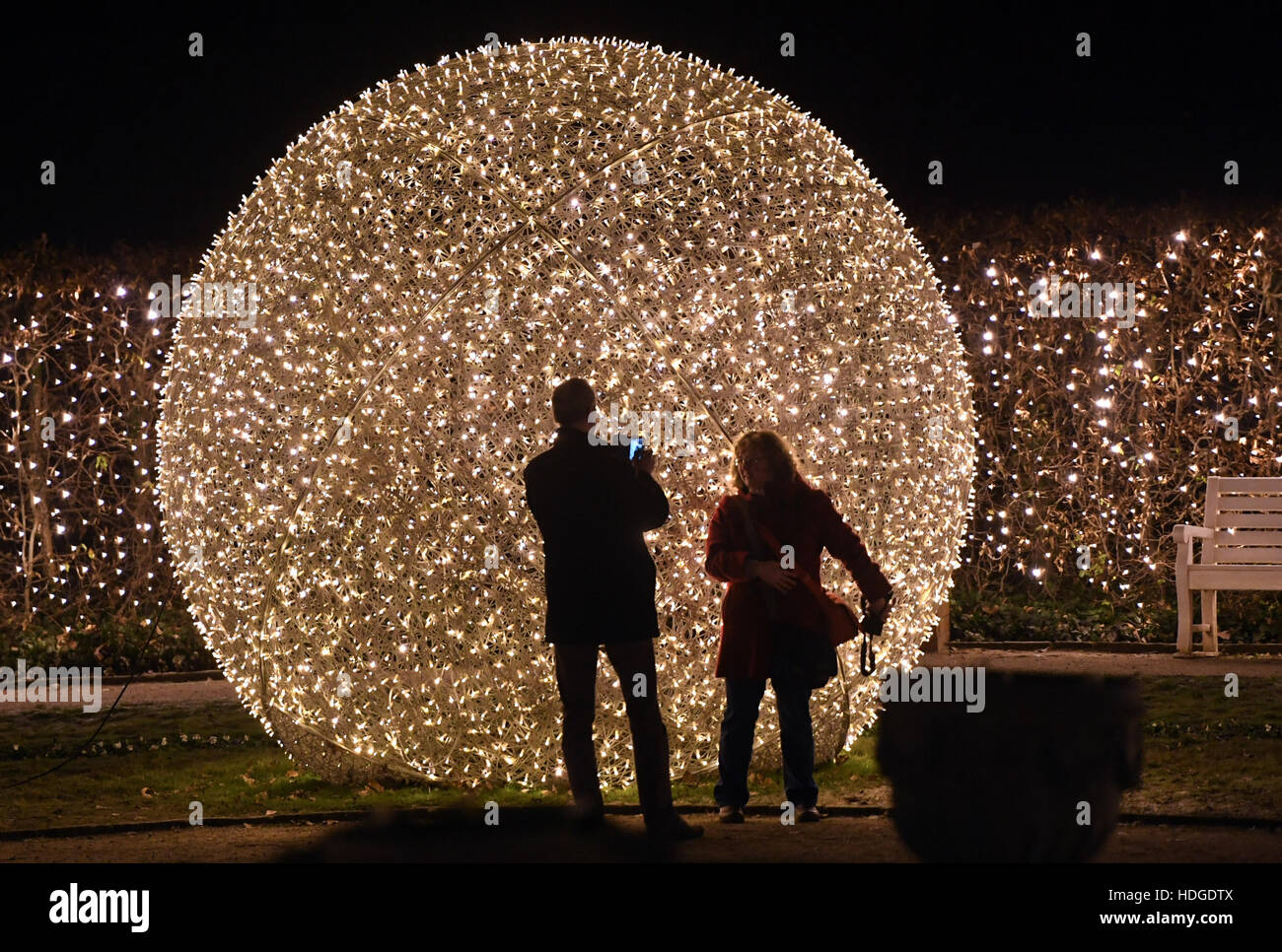 Berlin, Deutschland. 29th Nov, 2016. Besucher gehen am Abend des 29.11.2016 Botanischen Garten in Berlin zwischen den mit Lichterketten illuminierten Bäumen und Hecken des «Christmas Garden». Bis zum 01. Januar 2017 können Besucher auf einem mehr als einen Kilometer langen Rundweg spazieren oder auf einer Eisbahn Schlittschuh laufen. (zu dpa Adventskalender vom 13.12.2016) Foto: Soeren Stache/dpa /dpa/Alamy Live News Stock Photo