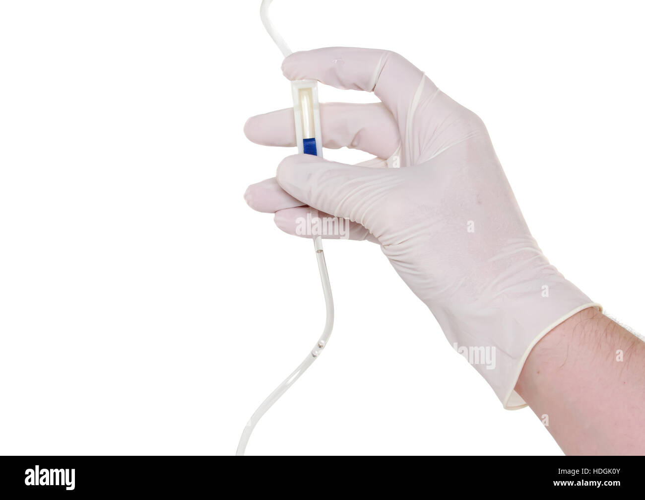 Hand in medical gloves, disposable infusion set. White background Stock