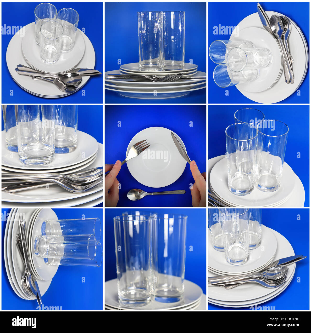 Collage of glasses, plates, covers on blue background Stock Photo Alamy