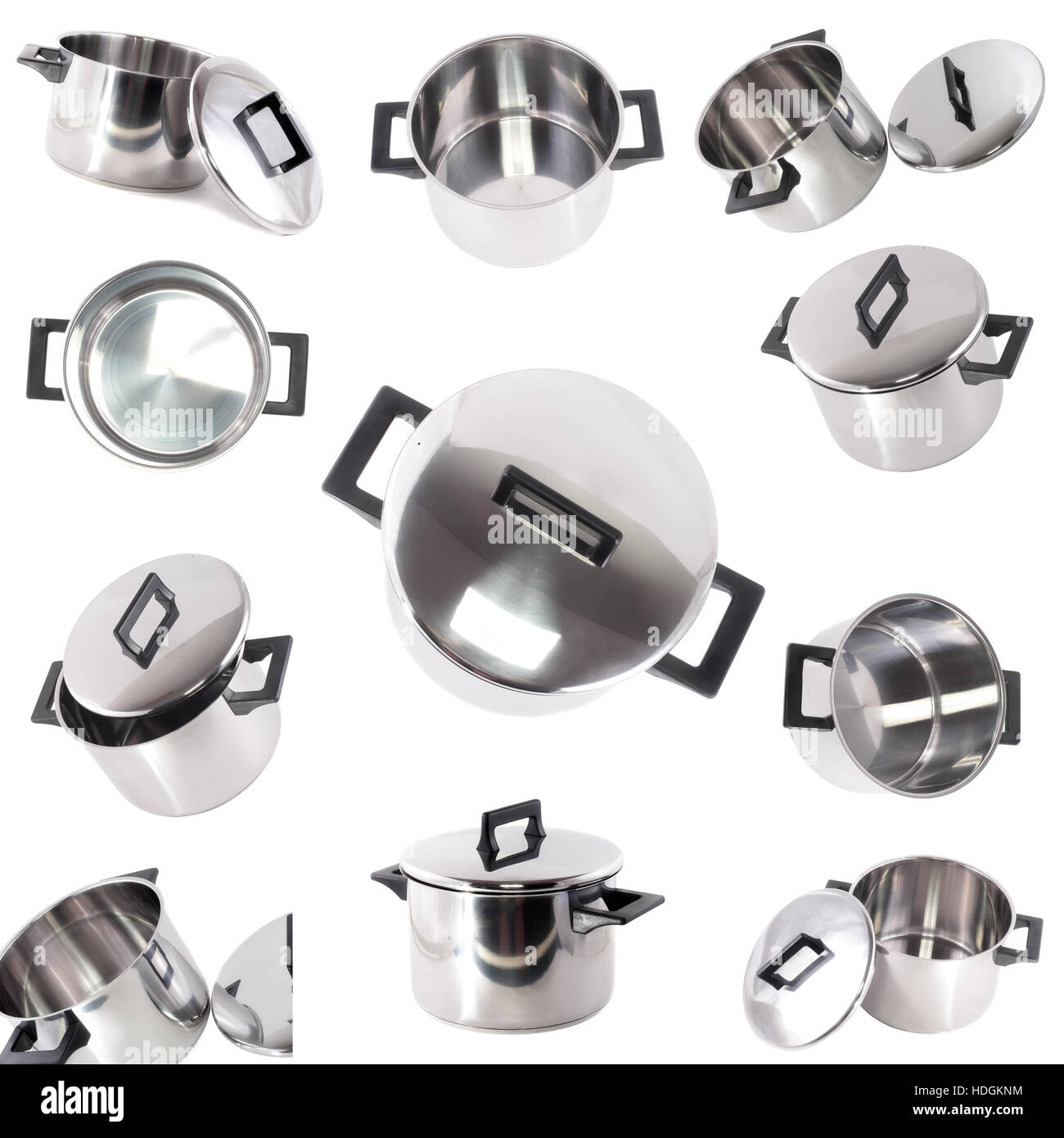Collection (set) of saucepans, made of stainless steel,cover, on white