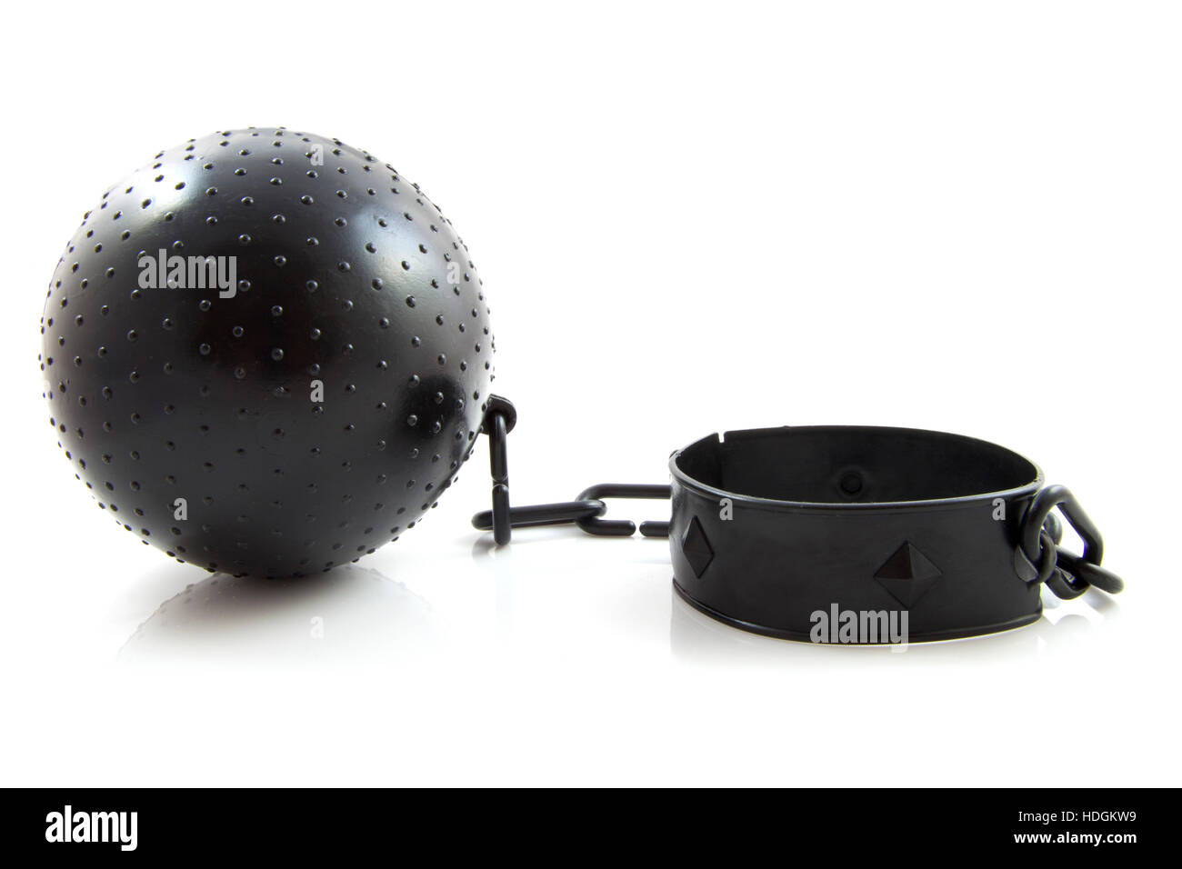 Black ball with chain isolated over white Stock Photo
