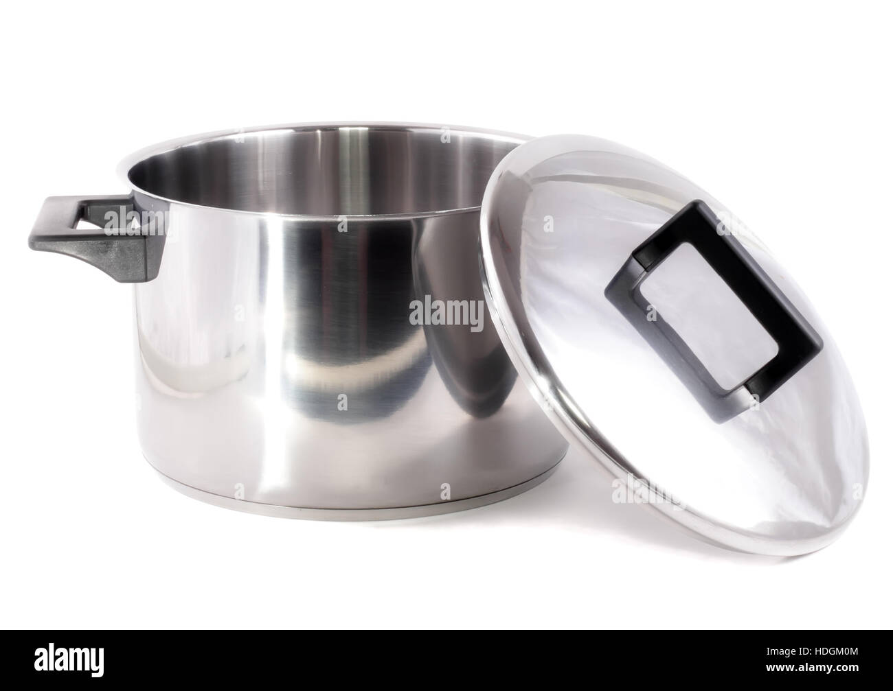 Saucepan (made of stainless stee) with stand cover, on white background.Isolated Stock Photo