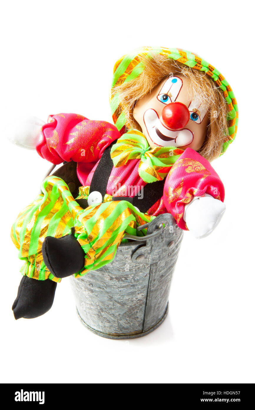 Happy clown in zinc bucket isolated over white Stock Photo