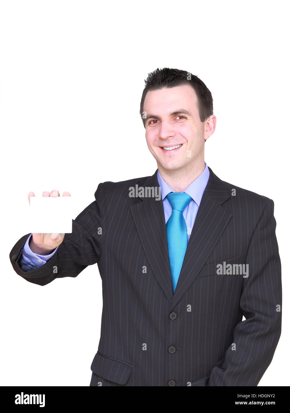 Caucasian businessman with empty , blank white card. Isolated Stock
