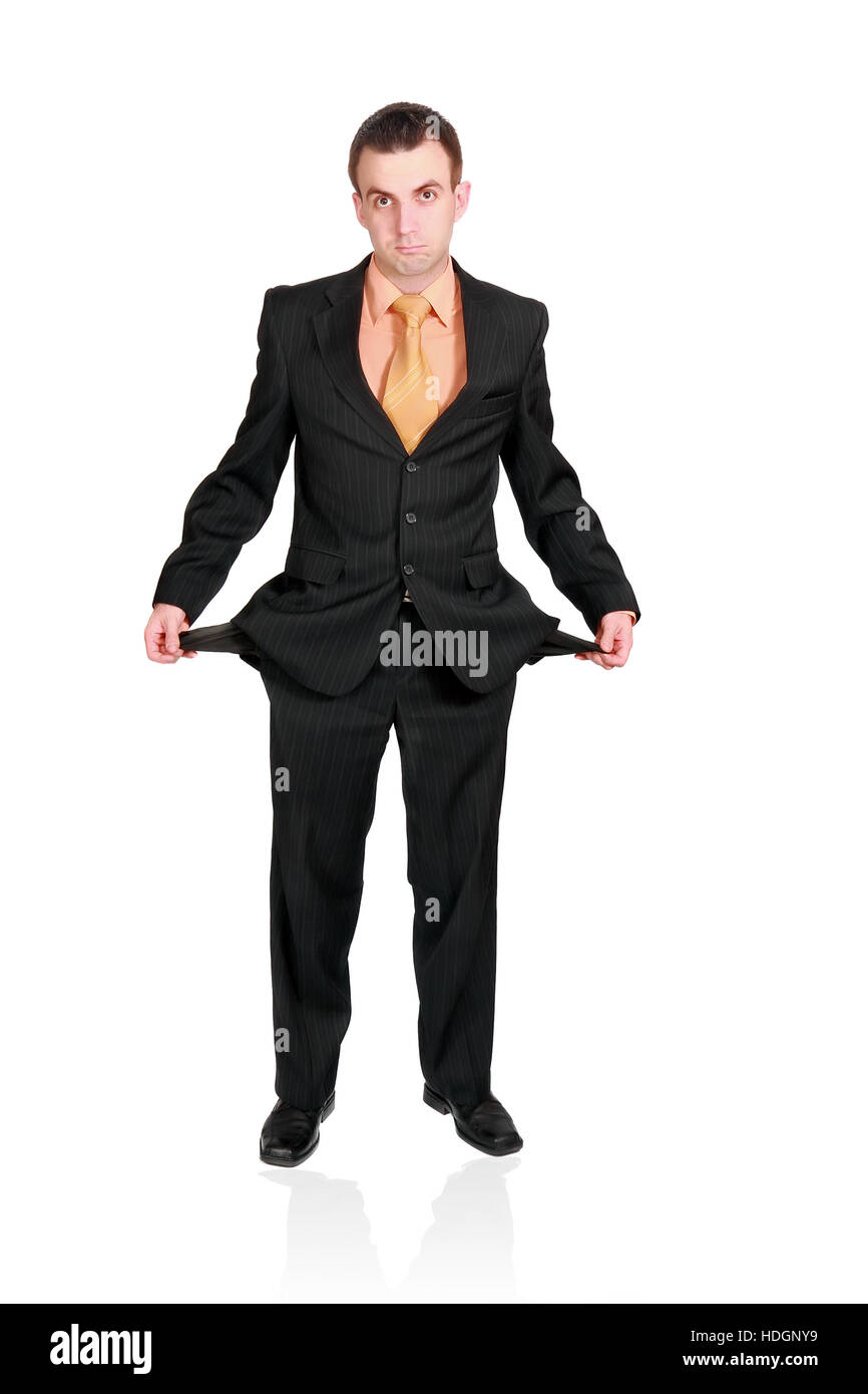 Cheerful businessman show empty pockets. Isolated over white Stock