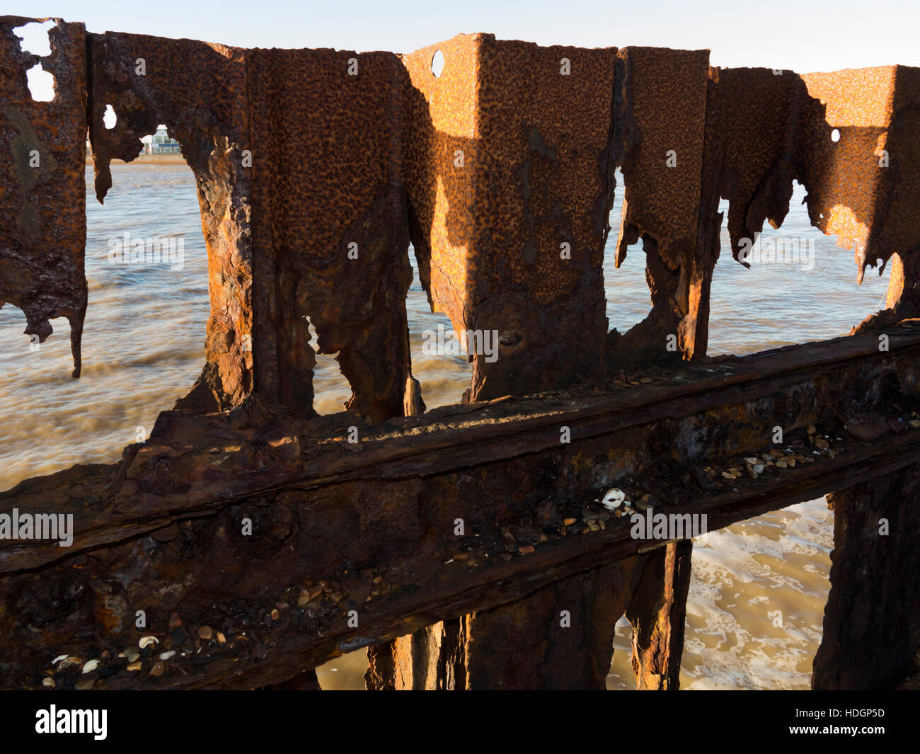 Heavily rusted and corroded steel interlocking sea defenses Stock Photo